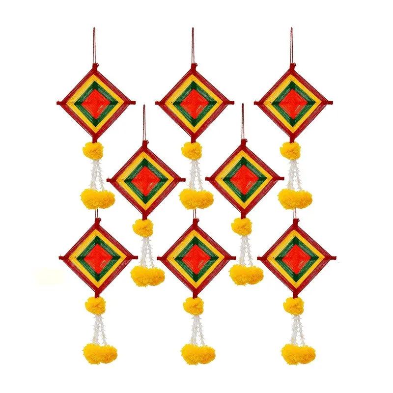 Eight multicolour fabric latkans arranged together against a white background