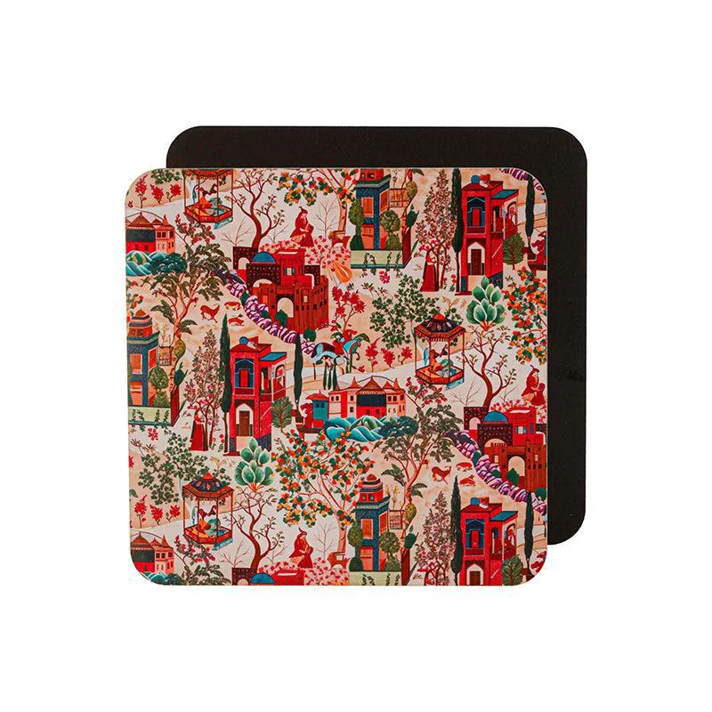 Front and back view of a square printed coaster against a white background