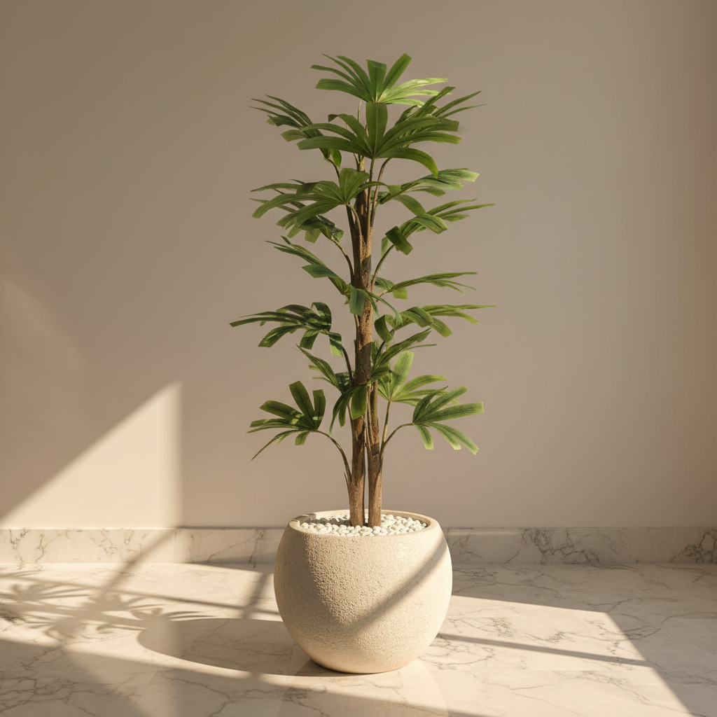 Faux Lush Rhapis Excelsa Plant With Black Fiber Pot - 3.9 Feet