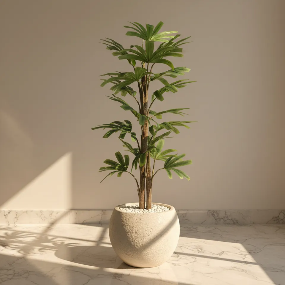 Faux Lush Rhapis Excelsa Plant With Black Fiber Pot - 3.9 Feet media 1