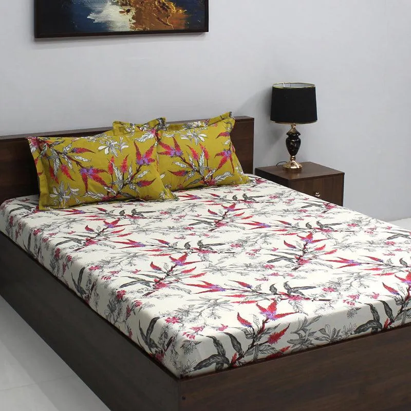 Waida Floral Cotton Bedsheet (Yellow,White) - 110 TC media 3