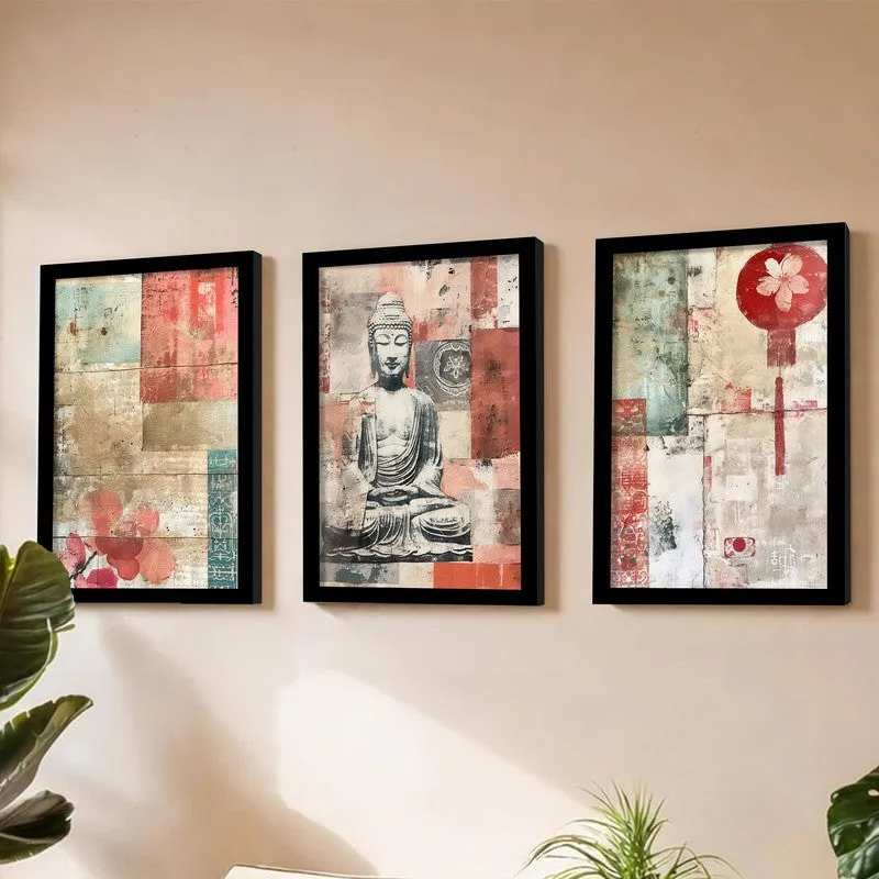 Gautam Buddha Floral Paper Wall Painting With Frame - Set Of Three media 3