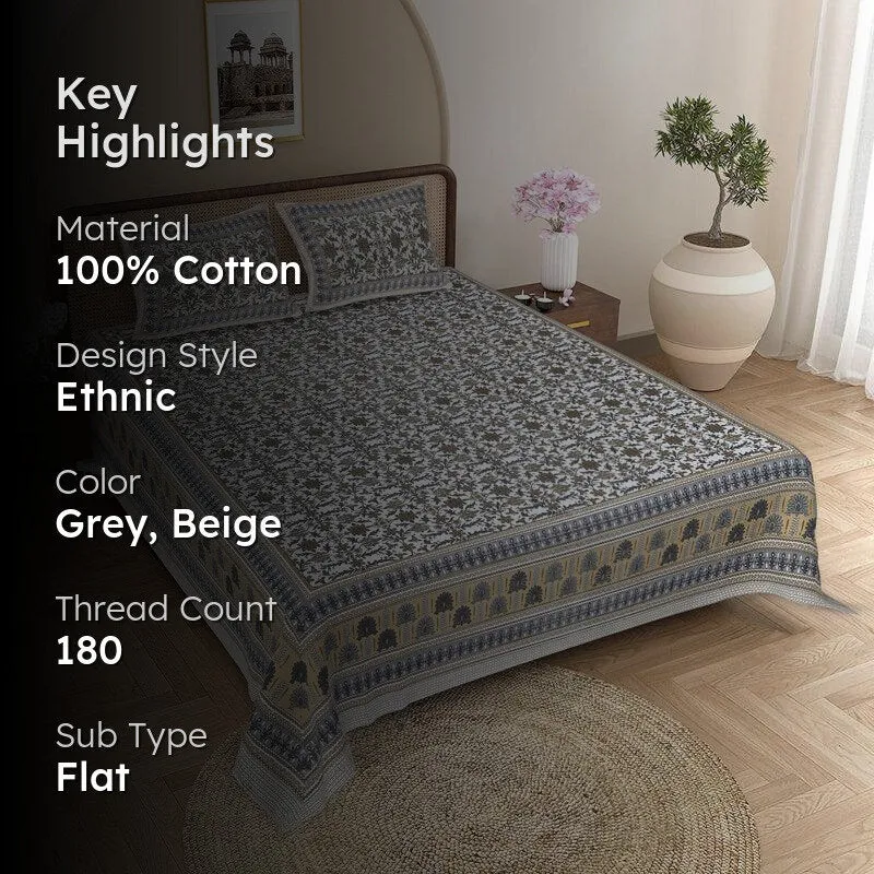 Dakini Ethnic Cotton Bedsheet (Grey,Beige) - 180 TC media 2
