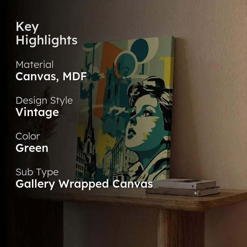 Styled room scene with city-girl canvas painting on a wooden table