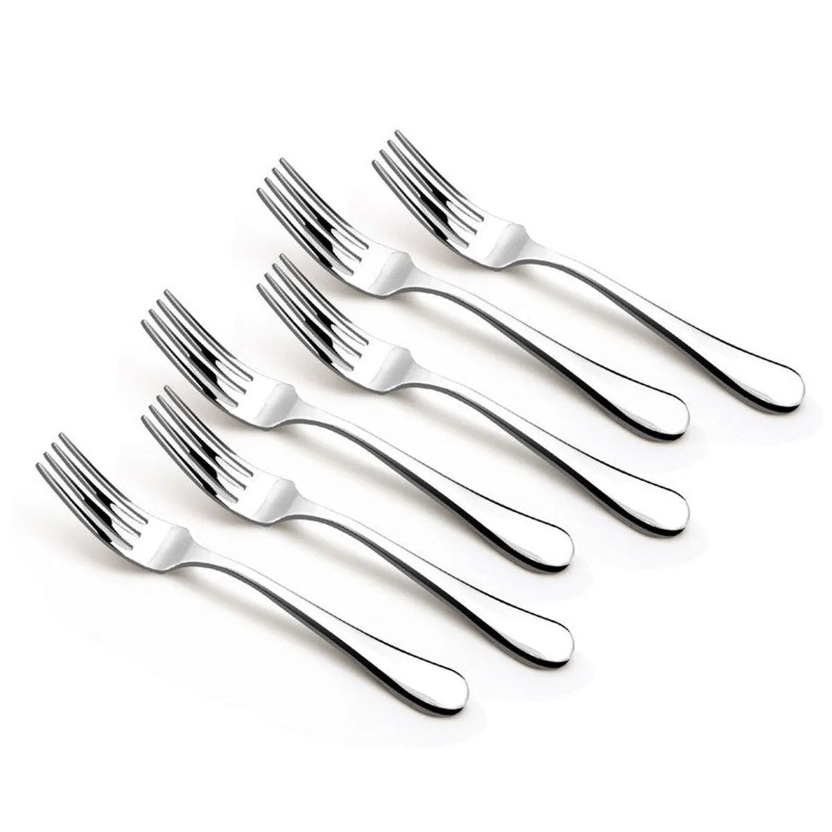 Six silver forks arranged diagonally against a white background.