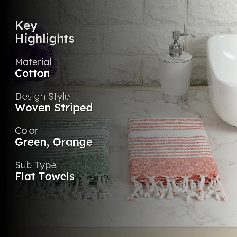 Loomera Striped Cotton Bath Towels (Green & Orange) - Set Of Two media 2
