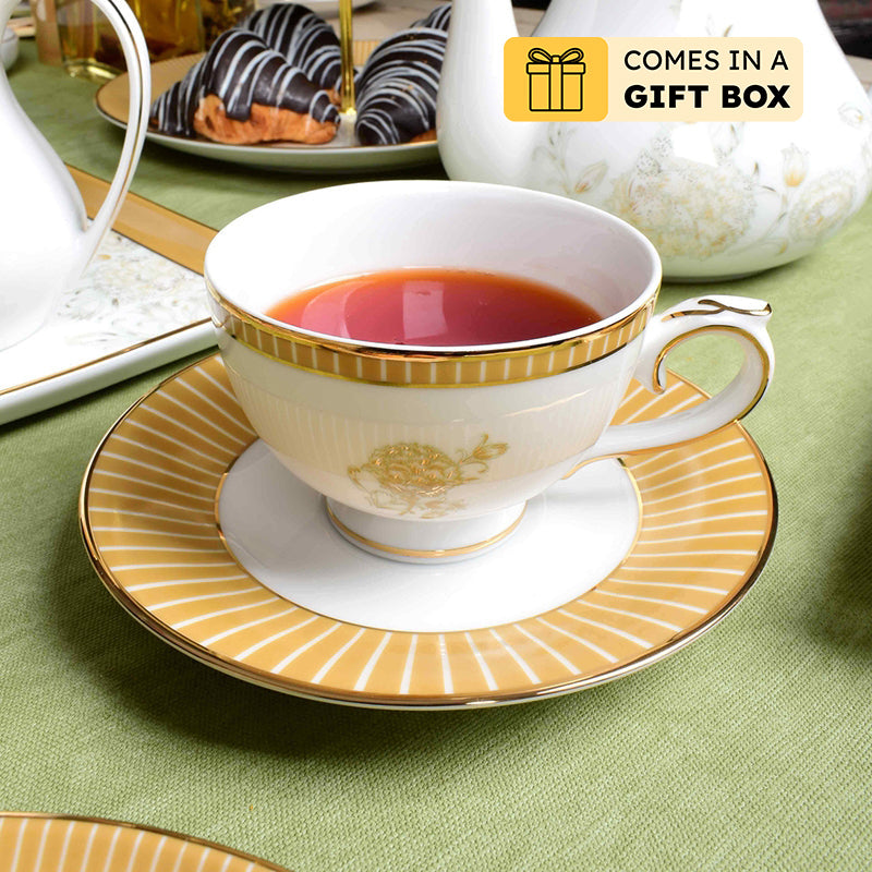 Gilded Iris 24k Gold Brushed Porcelain Tea Cup & Saucer (300 mL) - Set of Six