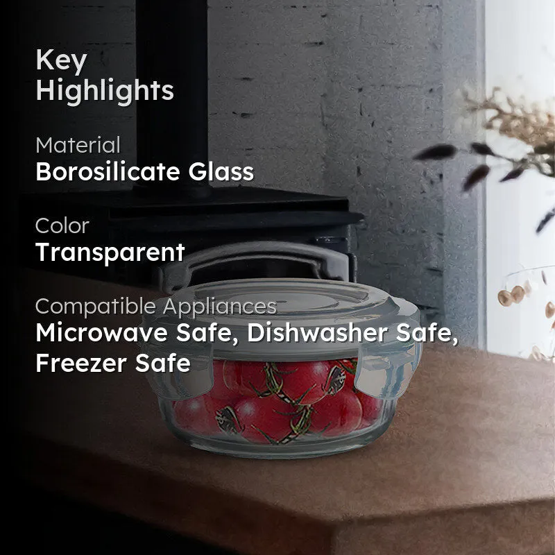 Transparent round glass tiffin box with tomatoes and product highlights shown beside it