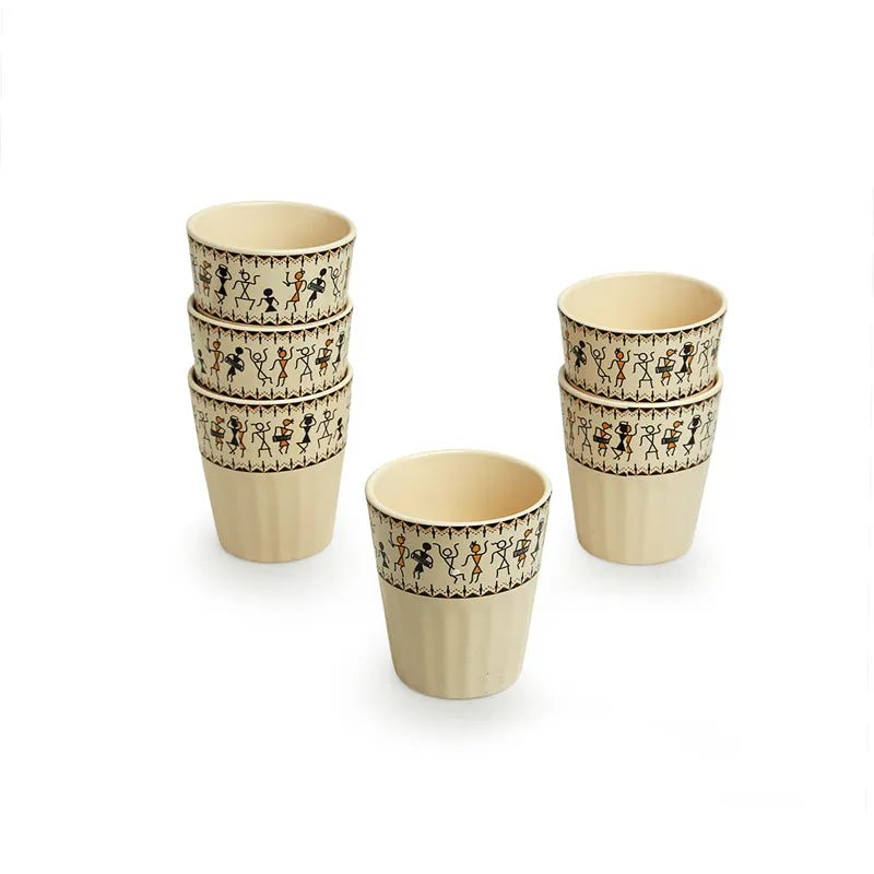 Warli Whirls Handpainted Ceramic Kulhads (160 ML) - Set Of Six media 3