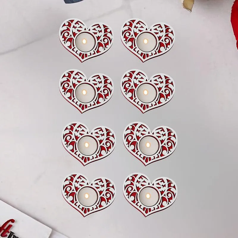 Intricate Heart Wood Tea Light Holder (Red) - Set Of Eight media 1