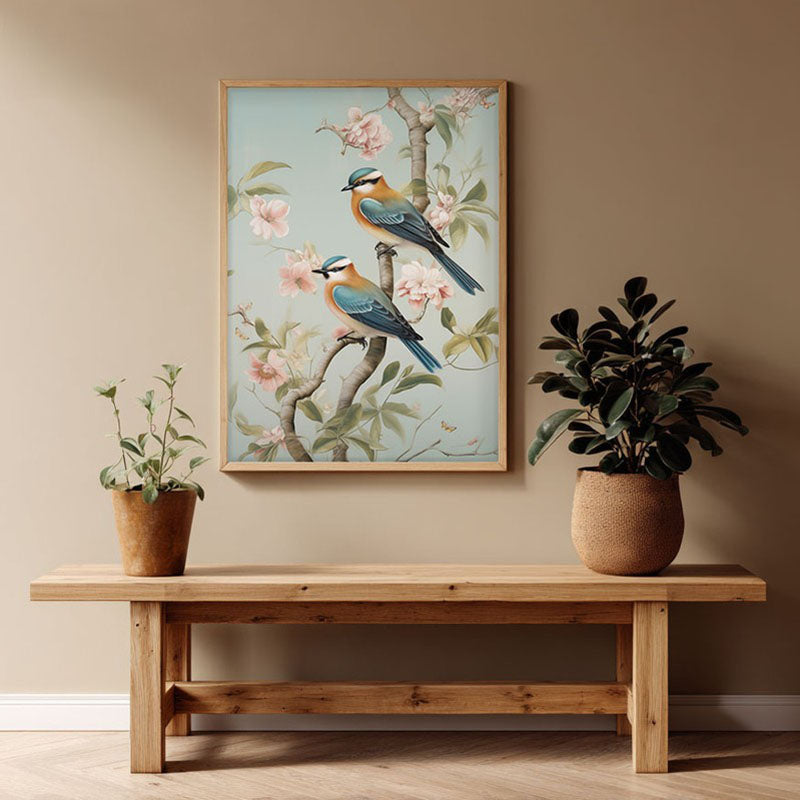 Whimsical Aviary Archival Canvas Wall Art - Natural Brown Frame