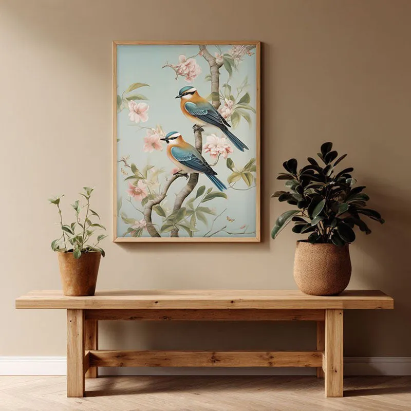 Whimsical Aviary Archival Canvas Wall Art - Natural Brown Frame media 1