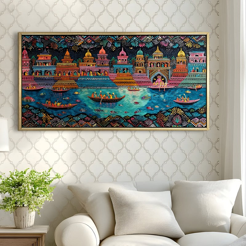Joyous Boats of Banaras Folk Wall Art