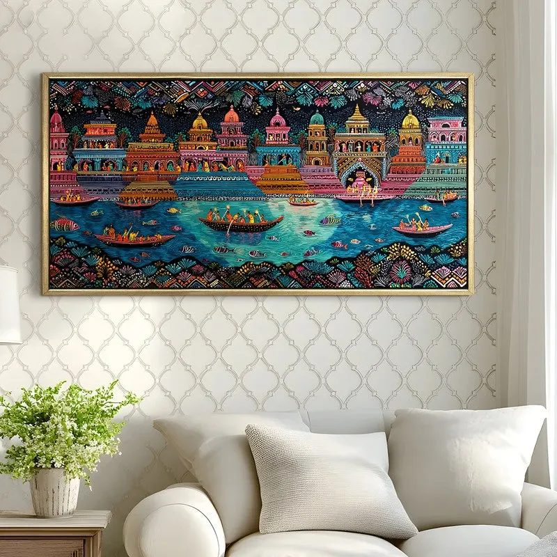 Joyous Boats of Banaras Folk Wall Art media 1
