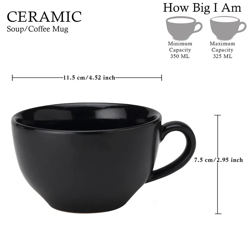 Black ceramic mug shown with measurement markings