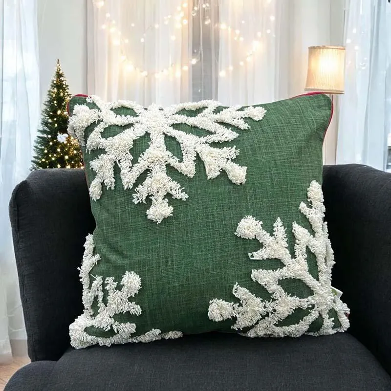 Verdant Snowflakes Cotton Christmas Cushion Cover media 4