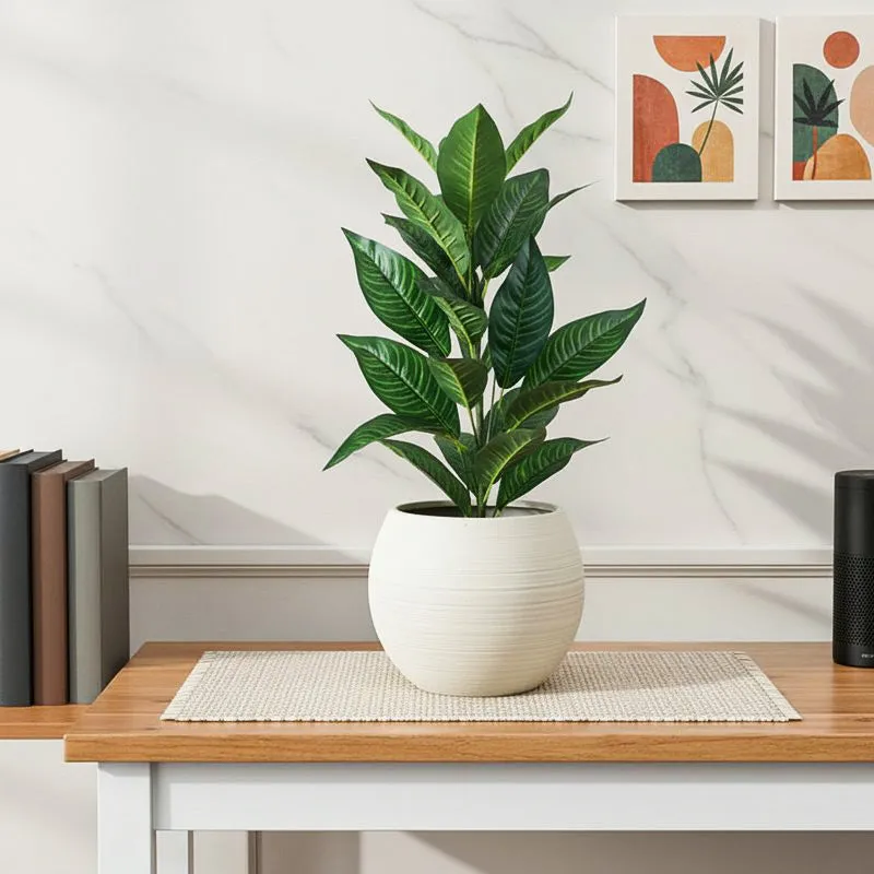 Faux Dark Green Croton Plant With Black Plastic Pot - 2.2 Feet media 1
