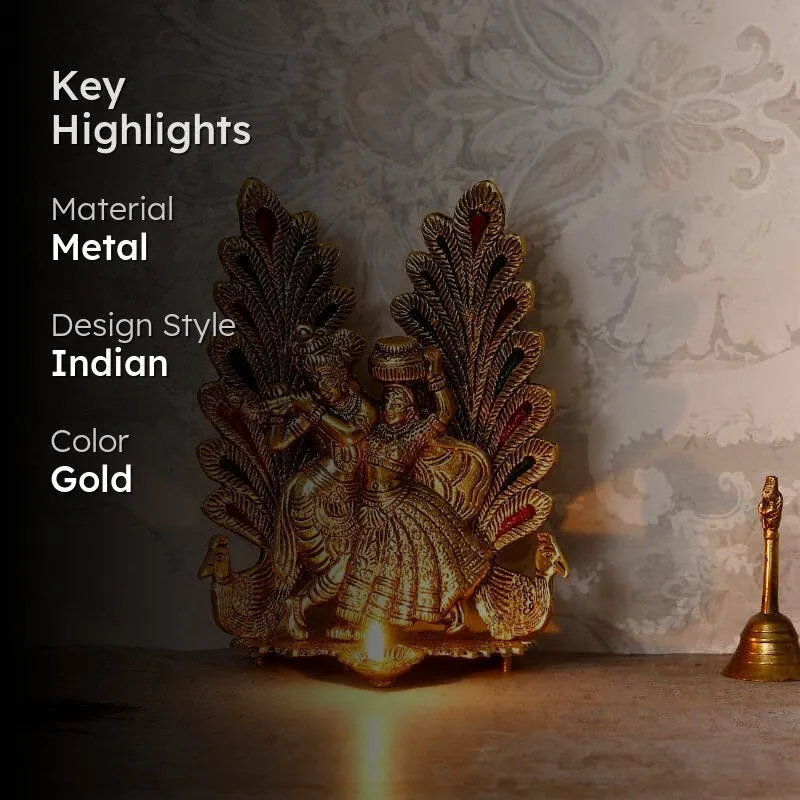 Radha Krishna Decorative Metal Diya - Gold media 2