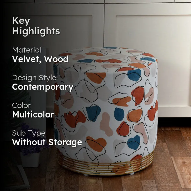 Pouffe shown in a room with a product highlights graphic