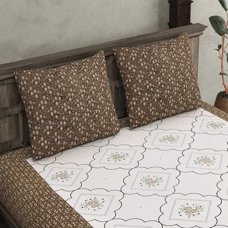 Pinga Ethnic Cotton Bedsheet (White,Brown) - 180 TC media 4