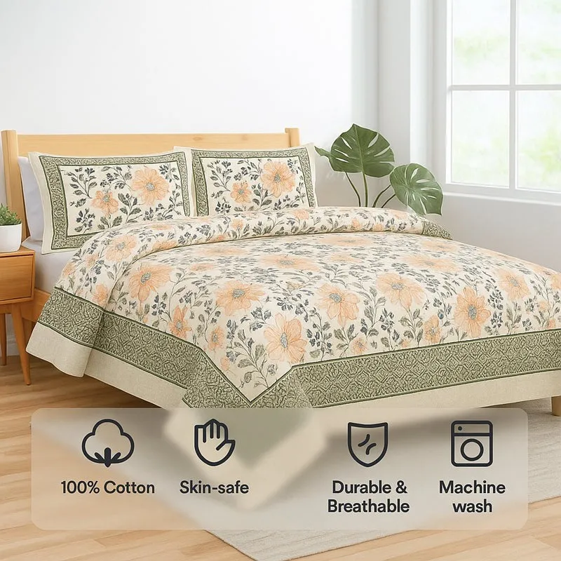 Mughal Jaali Printed  Cotton Bedsheet (Green & Beige (120 TC) - 120 TC media 7