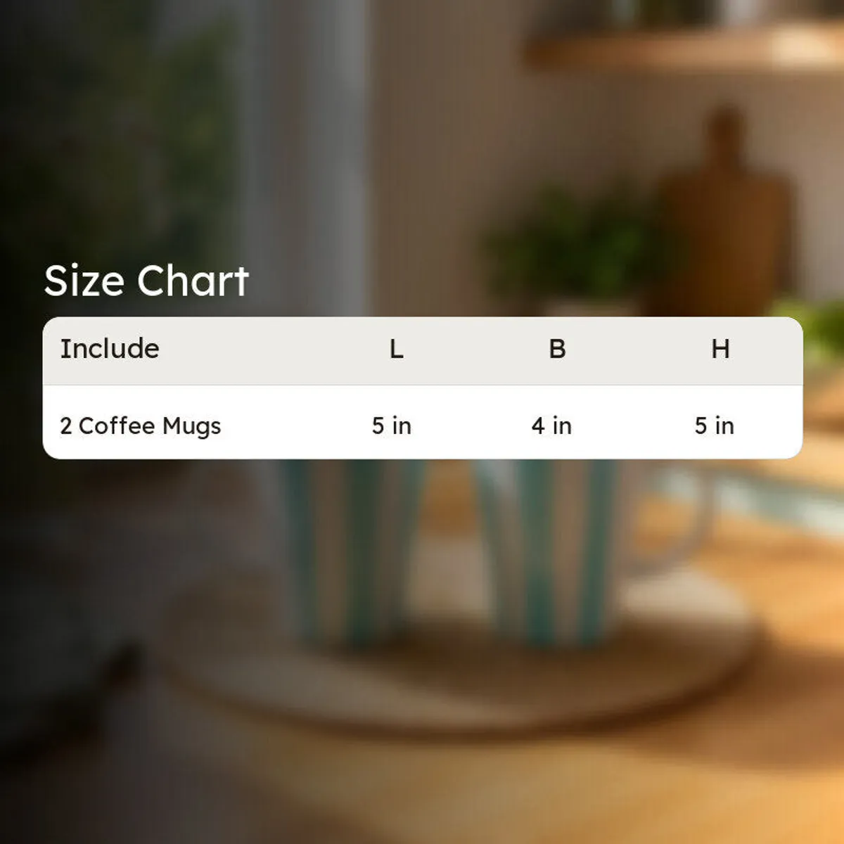 Size chart showing two coffee mugs with length, breadth and height measurements