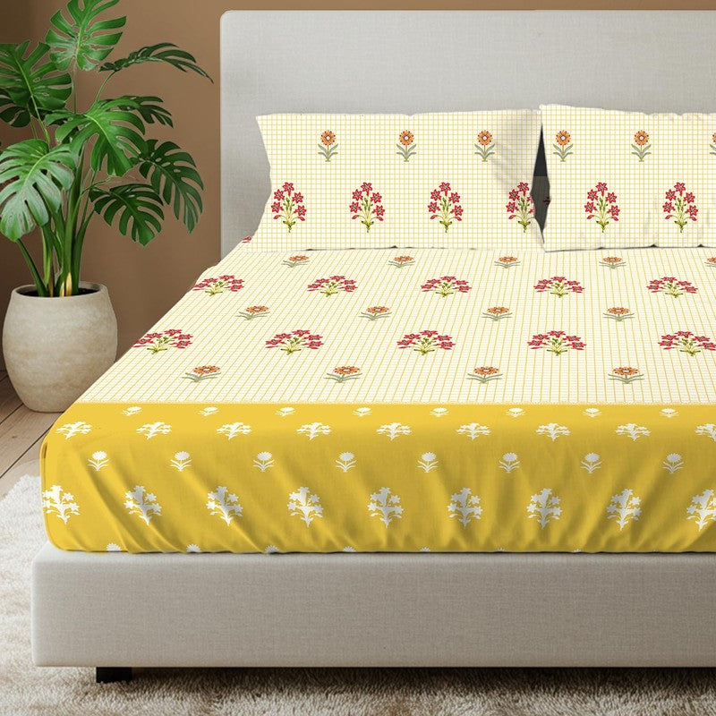 Sunshine Blossoms Floral Cotton Bedsheets (Yellow) - 144 TC media 3