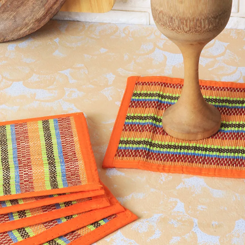 Chequered Zen Bamboo Coaster (Orange) - Set Of Six media 4