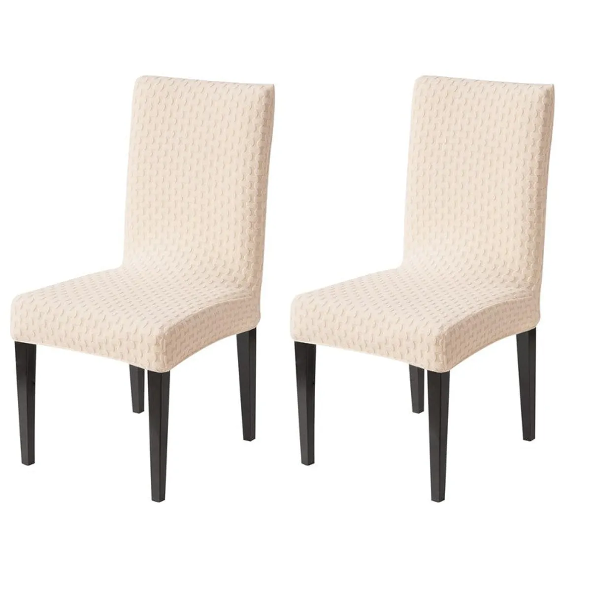 Two beige fitted chair covers shown on separate dining chairs against a white background