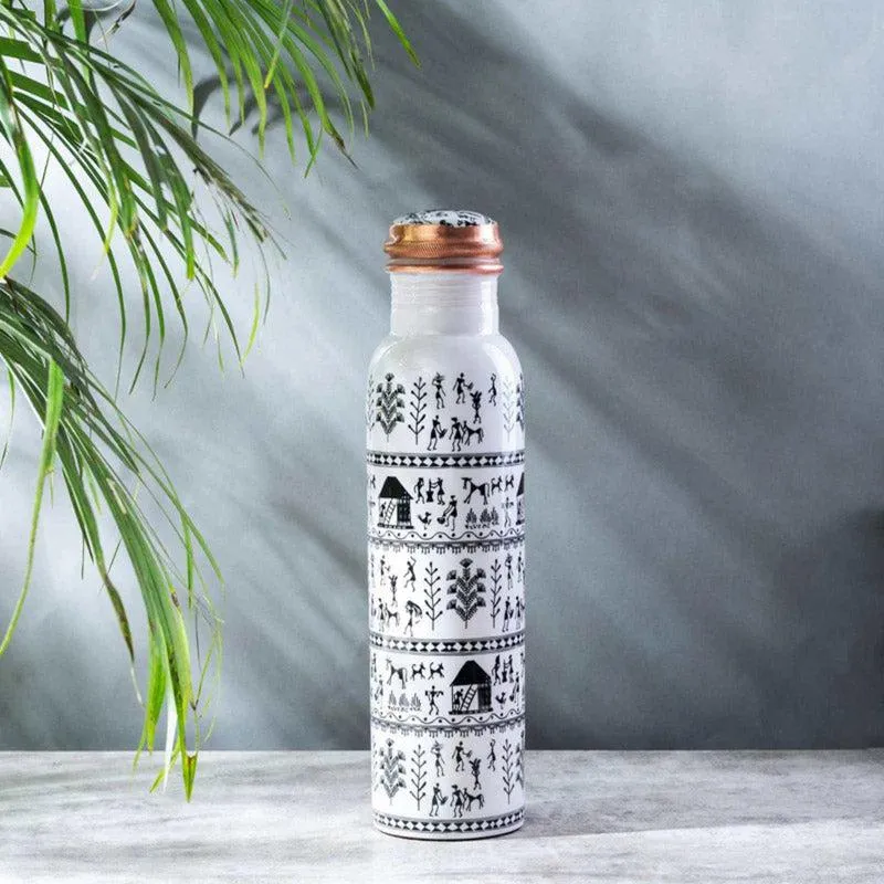 Warli White Copper Water Bottle - 1000 mL media 1