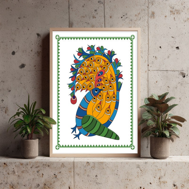 Royal Peacock Framed Madhubhani Canvas Archival Canvas Wall Painting - Natural Brown Frame media 3