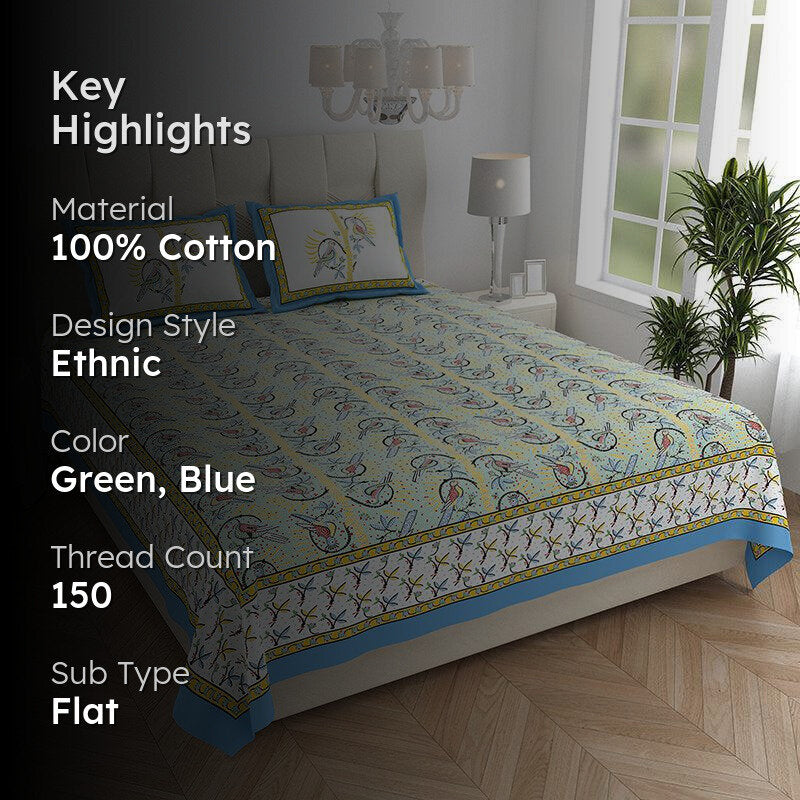 Tara Tranquility Ethnic Cotton Bedsheet (Green &  Blue) - 150 TC media 2
