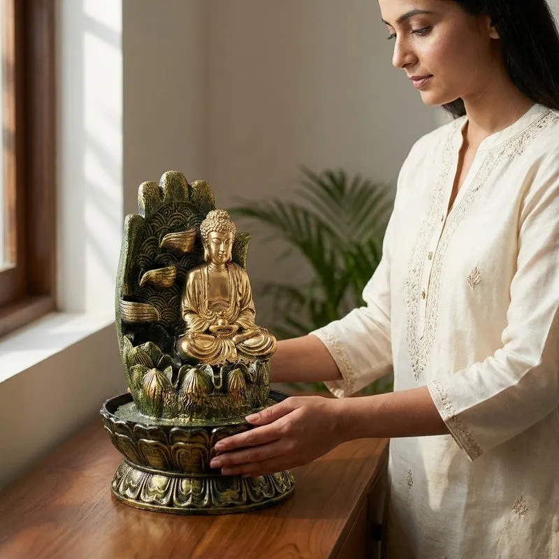 Buddha fountain showpiece styled by a window with a woman holding it