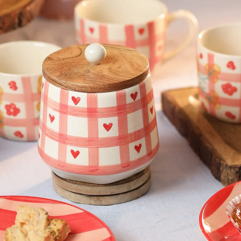 Checkered Charm Ceramic Storage Jar with Mango Wood Lid -  800 mL media 4
