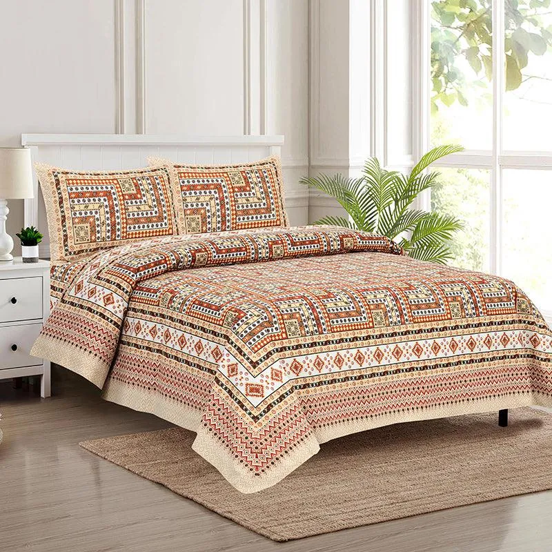 Sangita Weave Geometric Cotton Bedsheet (Orange & Yellow) - 160 TC media 1