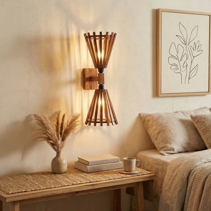 Twin StripeCone Wooden Wall Lamp - Brown media 3