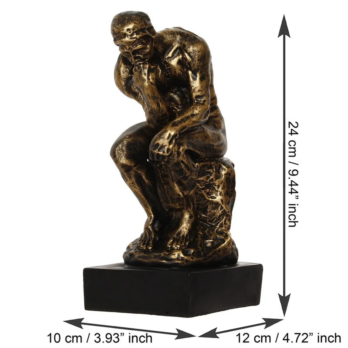 Gold and black thinker figurine with dimensions marked in the image