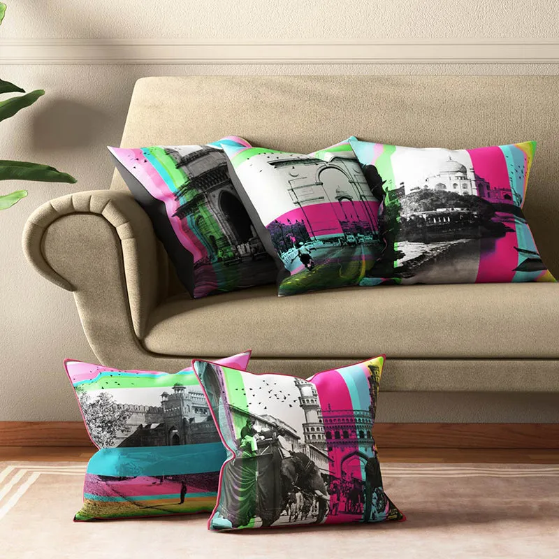 India Circus Desi Pop Printed Satin Cushion Cover - Set Of Five media 1