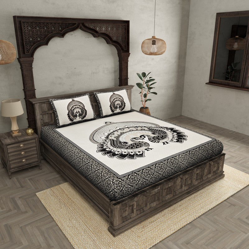 Mayura Ethnic Cotton Bedsheet (White,Black) - 180 TC media 3