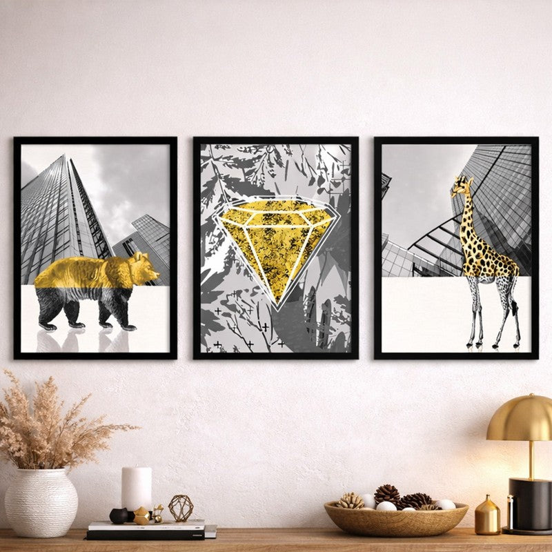 Luxe Jungle Paper Wall Painting With MDF Frame - Set Of Three