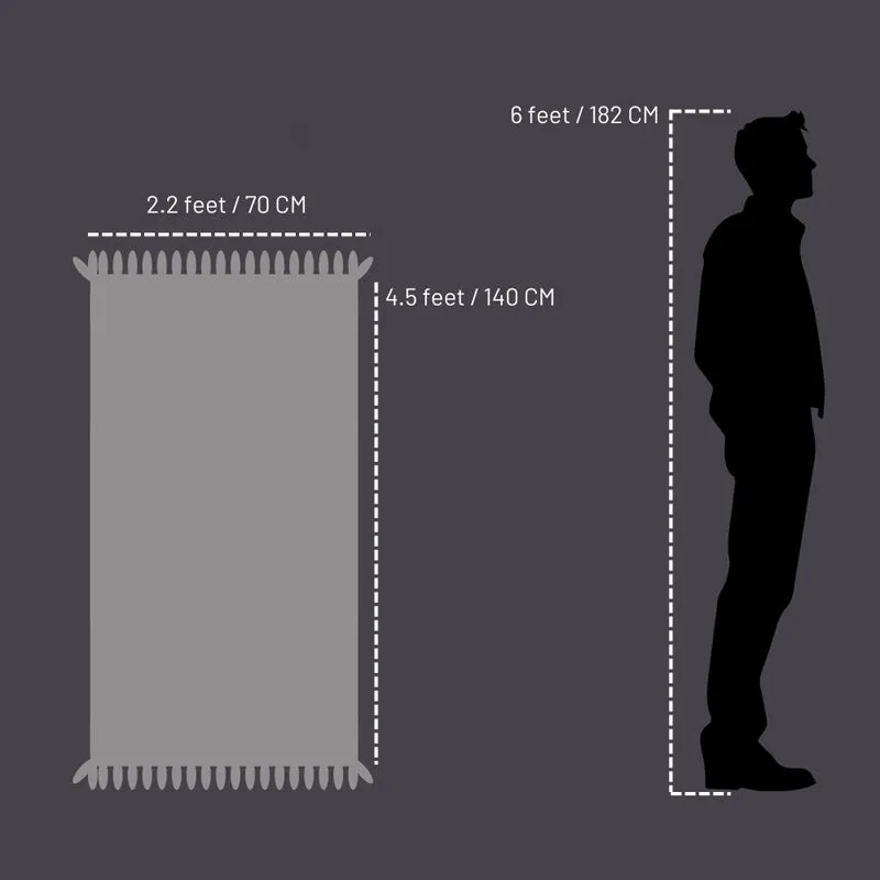White bath towel shown with size comparison against a standing person silhouette.