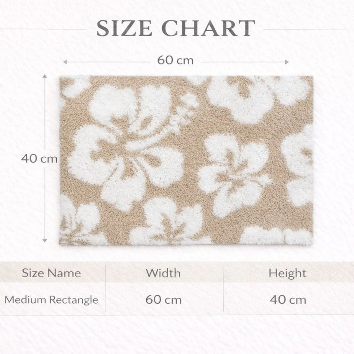 Rectangular beige and white floral bath mat shown with size proportions