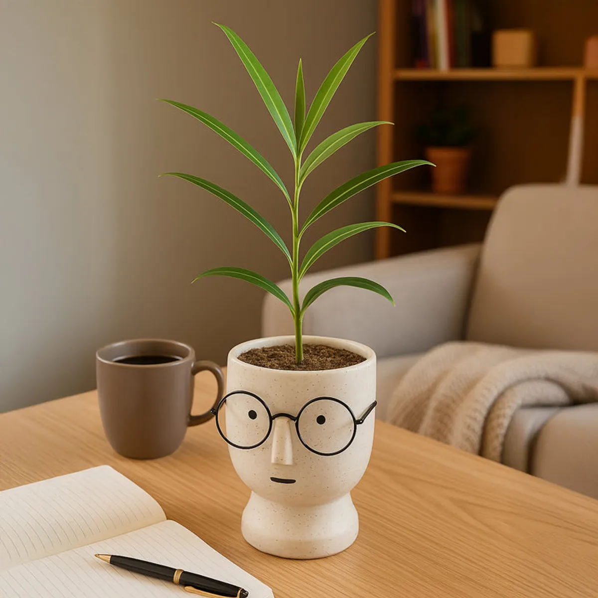 White face planter with black glasses and a tall green plant on a desk