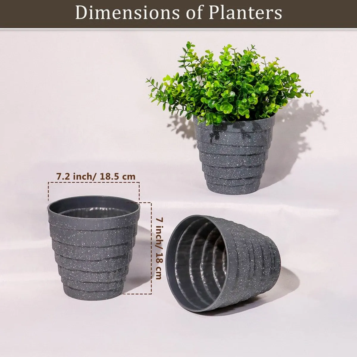 Grey ribbed planter shown from different angles with a green plant
