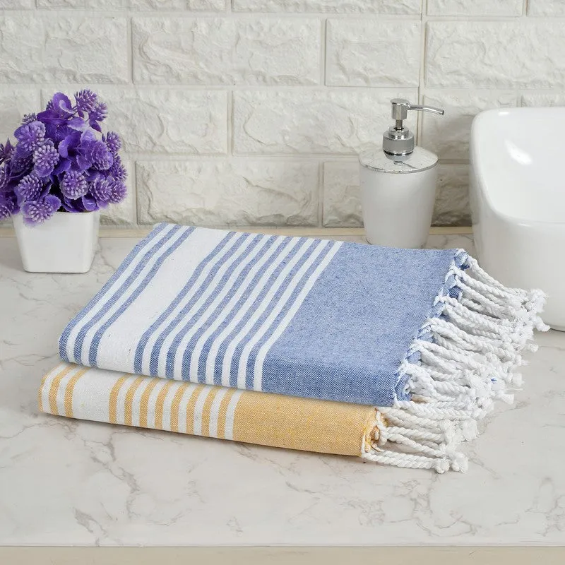 Loomera Striped Cotton Bath Towels (Yellow & Dark Blue) - Set Of Two media 1