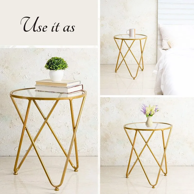 Collage showing the gold round glass accent table styled beside a bed and with decor