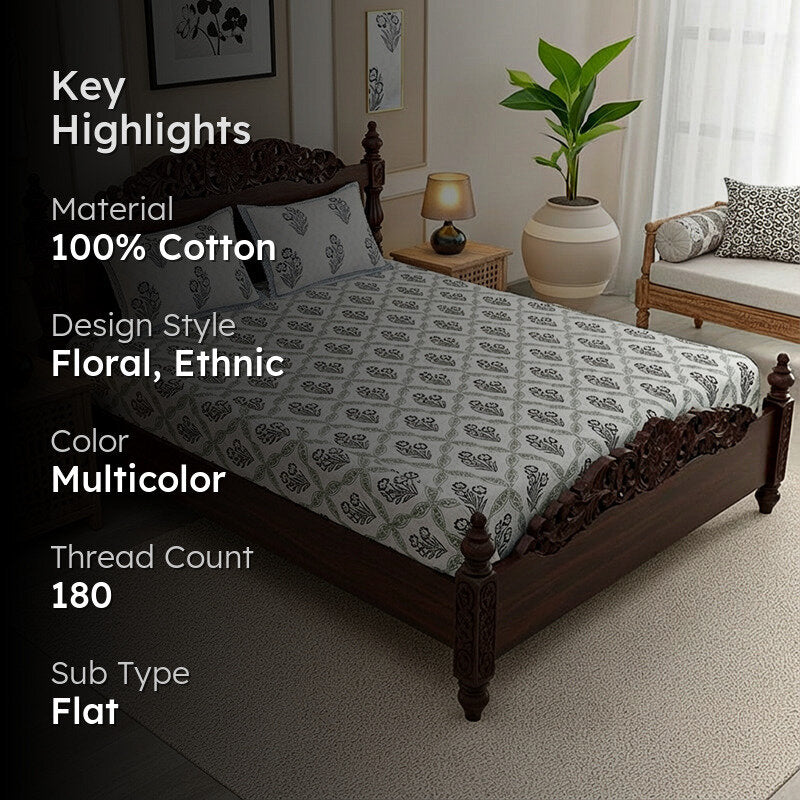Malati Cotton Bedsheet (Grey, Blue) - 180 TC media 2
