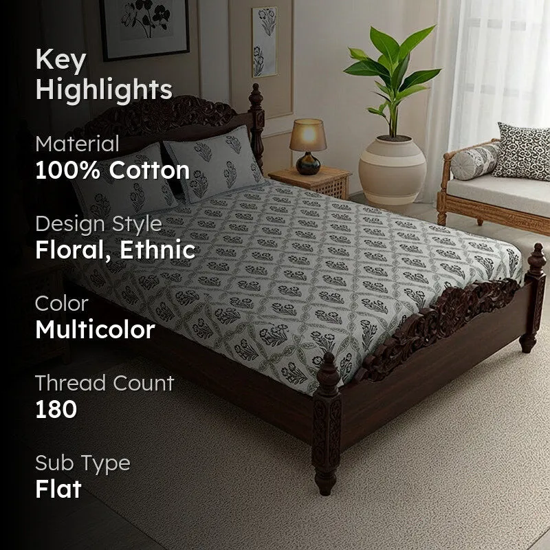 Malati Cotton Bedsheet (Grey, Blue) - 180 TC media 2