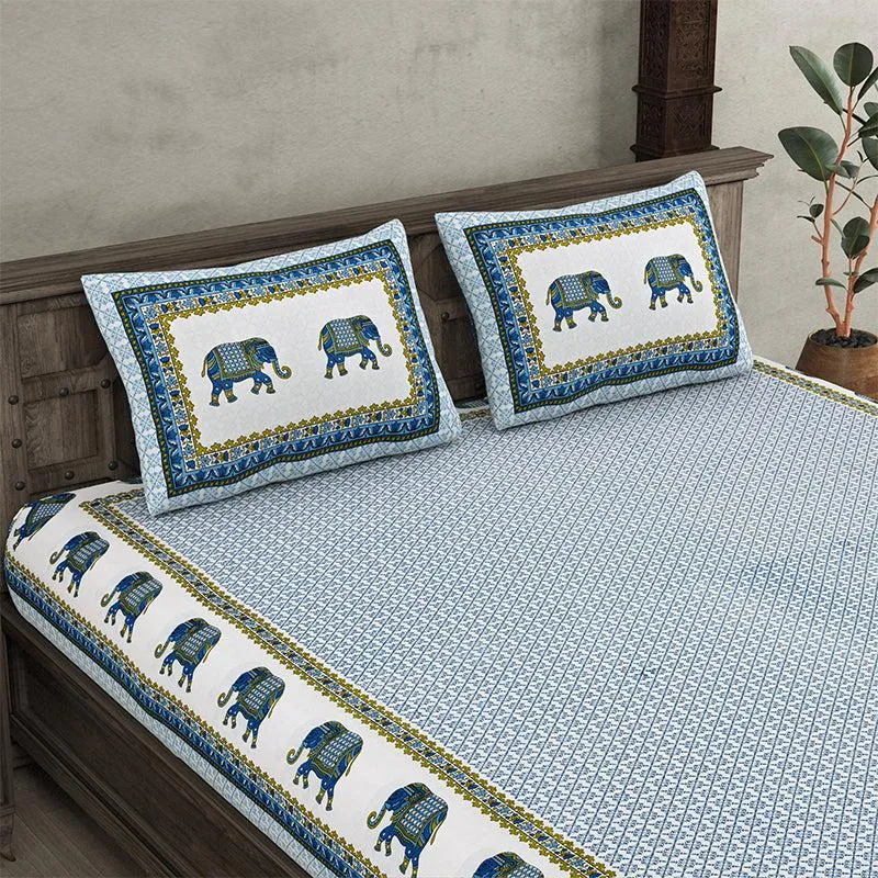 Gaj Ethnic Cotton Bedsheet (Blue) - 180 TC media 4