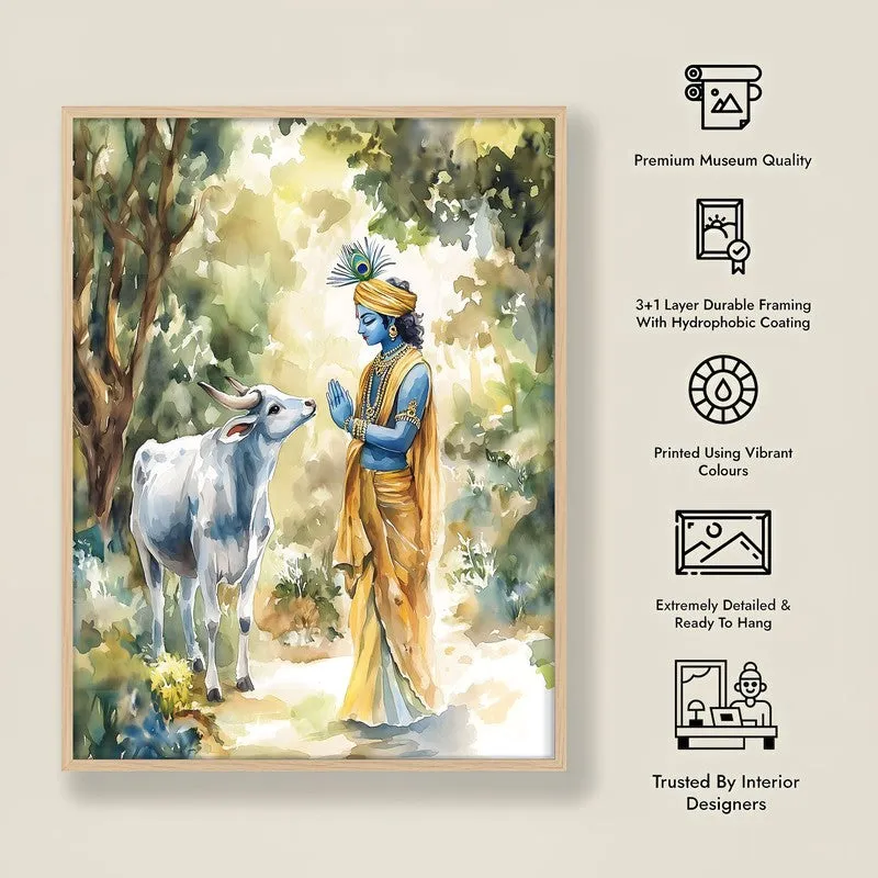 Shri Gopala Krishna Spiritual Archival Paper Wall Painting - Natural Brown Frame media 8